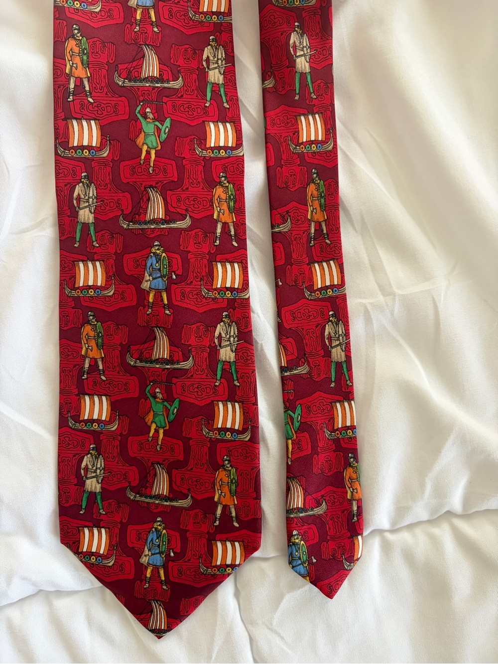Red Patterned Men's Tie with Multicolor Nautical Figures